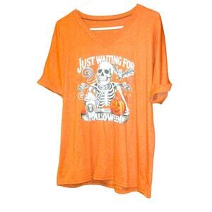 Unisex Adult Orange Halloween Graphic T-Shirt Size Large Skeleton & Pumpkin Fall